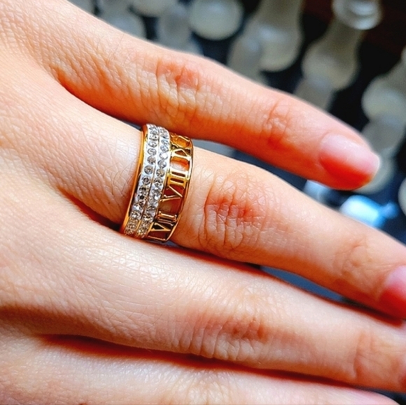 14K Gold Dipped Roman Numeral CZ Pavé Ring - Picture 4 of 4